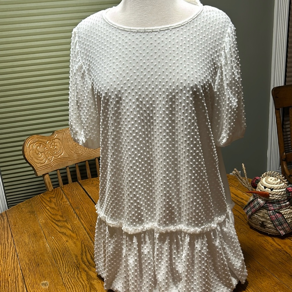 Lime & Chili white ruffle top. Dotted Swiss, puff sleeves, ruffle hem.Size Large